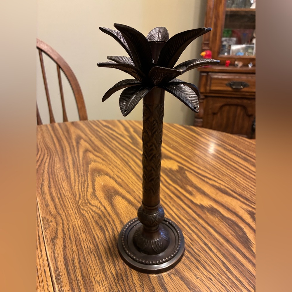 Vintage palm tree candle holder metal with a dark, rustic bronze finish.